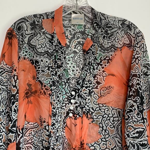 Bedford Fair Womens 2X Button Peach Orange Flower Semi Sheer 3/4 Sleeve Top - Picture 2 of 8